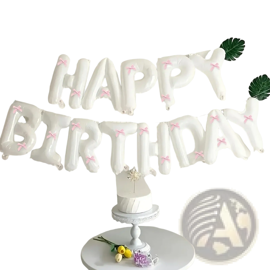 White inflatable happy birthday balloon banner with pink bow accents for party decoration set