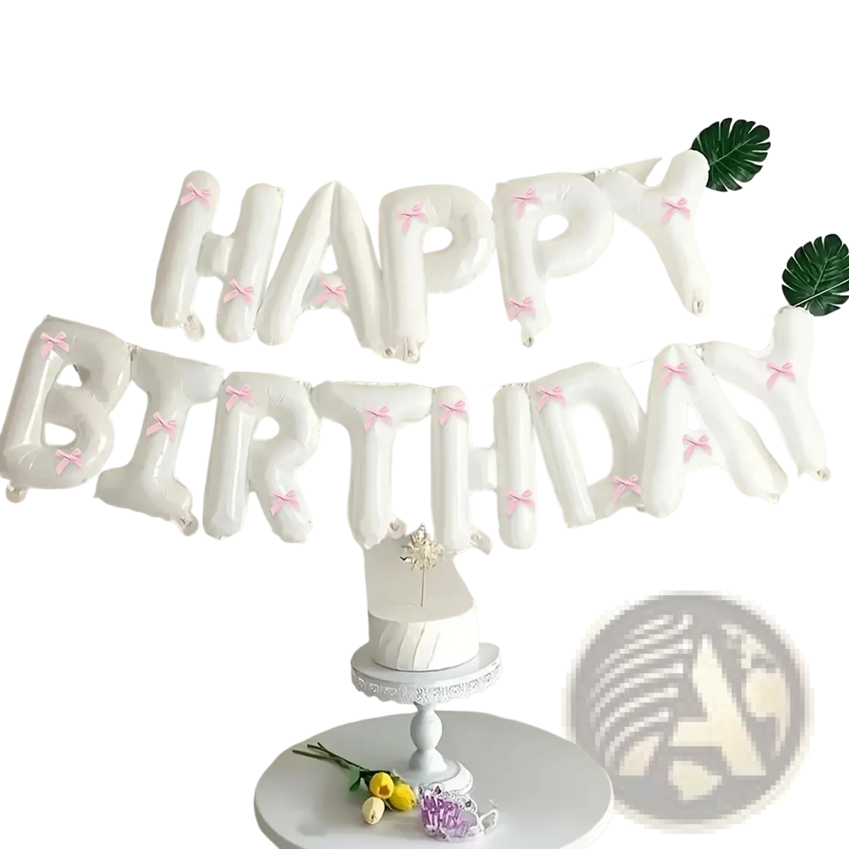 White inflatable happy birthday balloon banner with pink bow accents for party decoration set