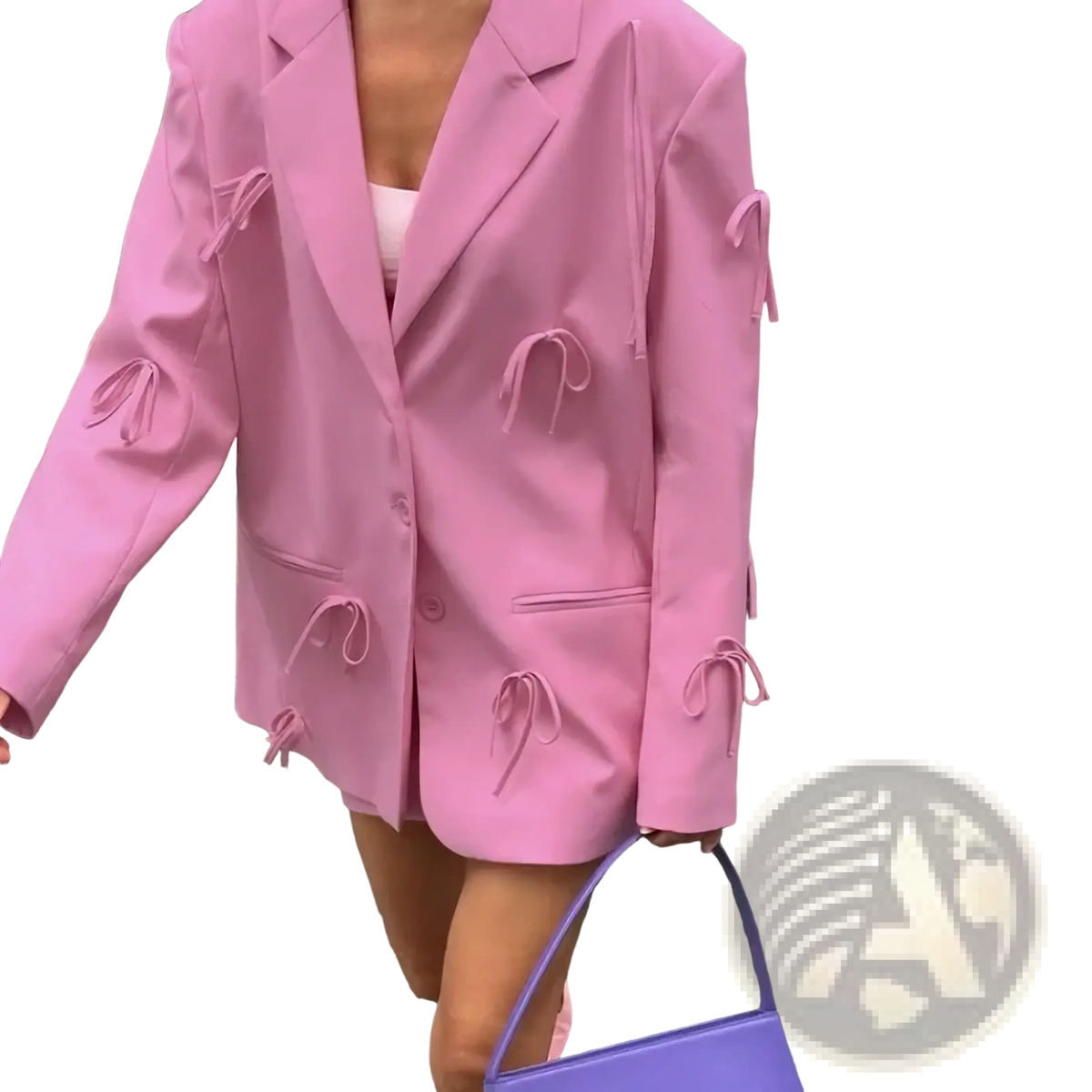 A vibrant pink bow Y2k blazer jacket with matching tie details on sleeves and front made from smooth fabric