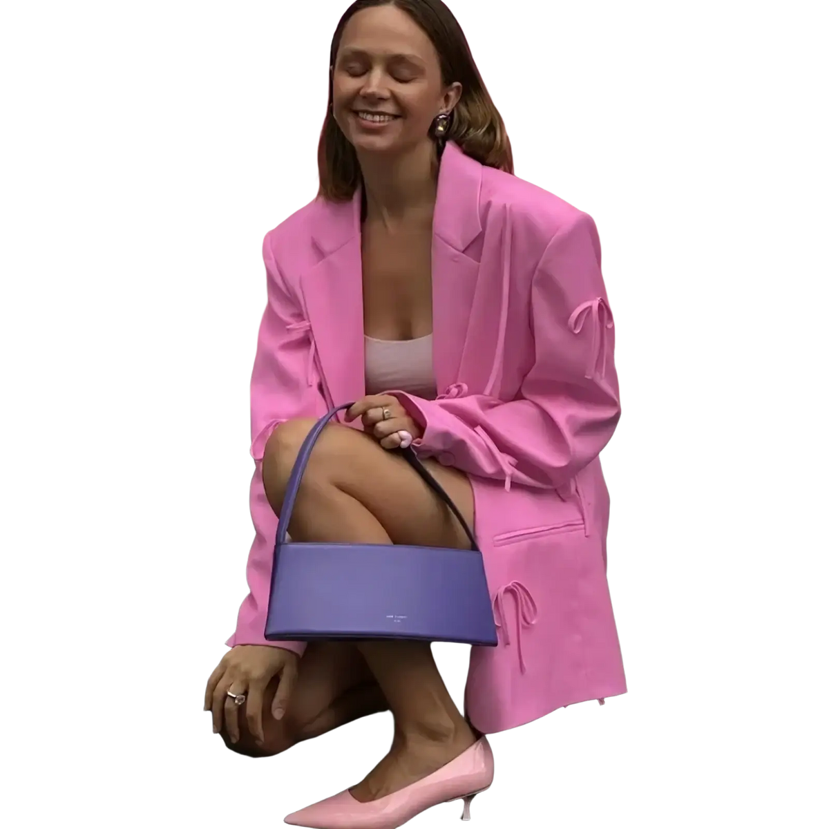 Purple structured handbag with single shoulder strap complementing pink bow y2k blazer jacket in fashion ensemble