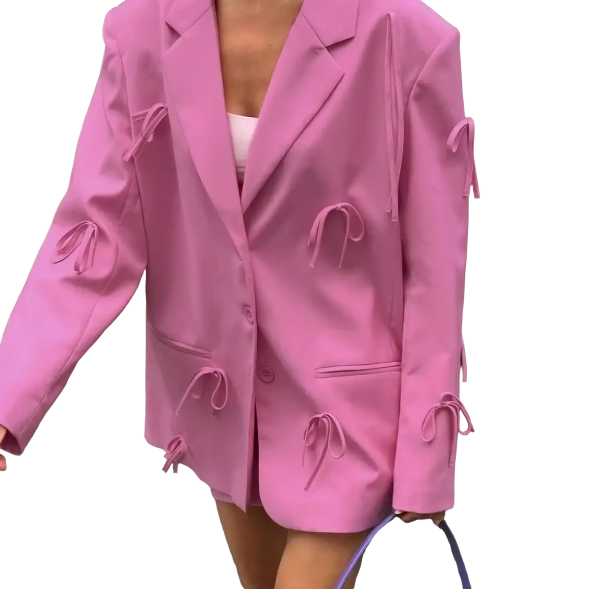 A vibrant pink bow Y2k blazer jacket with matching tie details on sleeves and front pockets for stylish wear