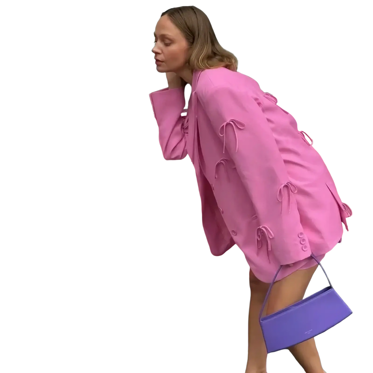 A vibrant pink bow y2k blazer jacket featuring ruched detailing and tied bow accents for stylish wear