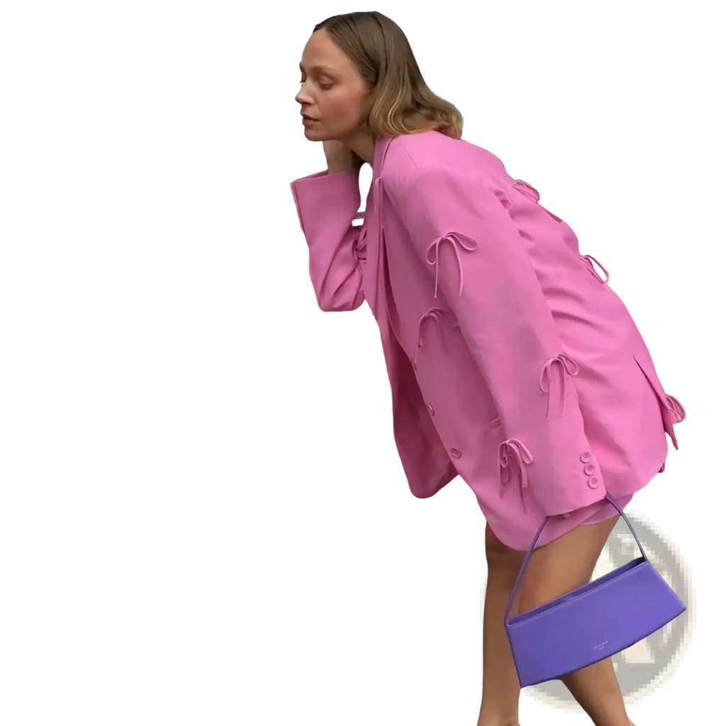 A vibrant pink bow y2k blazer jacket featuring ruched detailing and tied bow accents for stylish wear