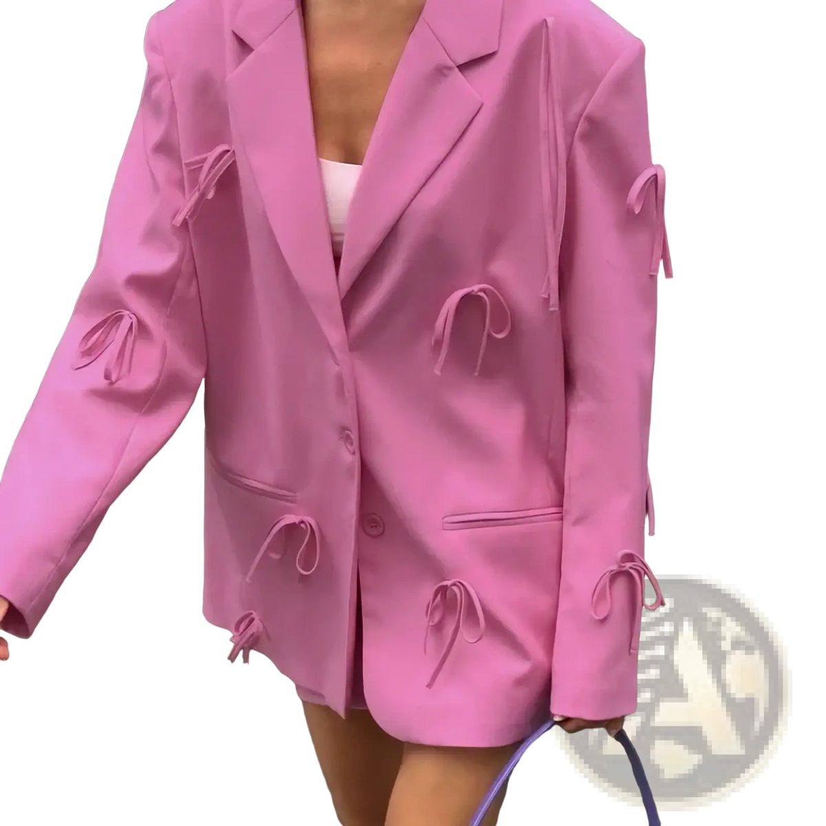 A vibrant pink bow Y2k blazer jacket with matching tie details on sleeves and front pockets for stylish wear