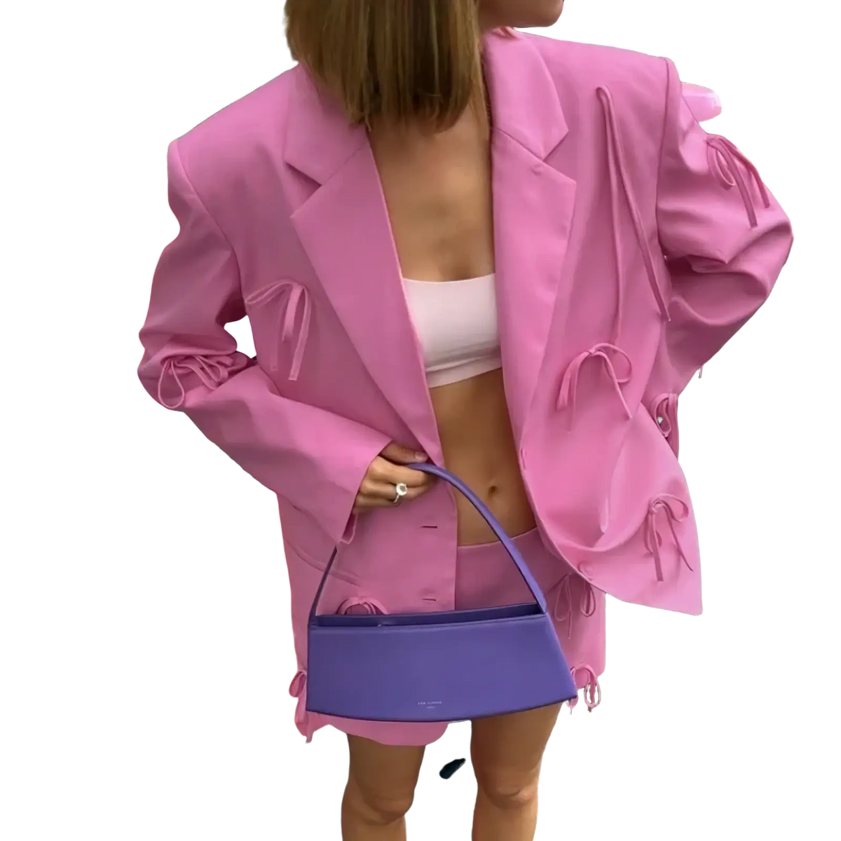Violet structured mini handbag with single shoulder strap paired with pink bow Y2K blazer jacket product image