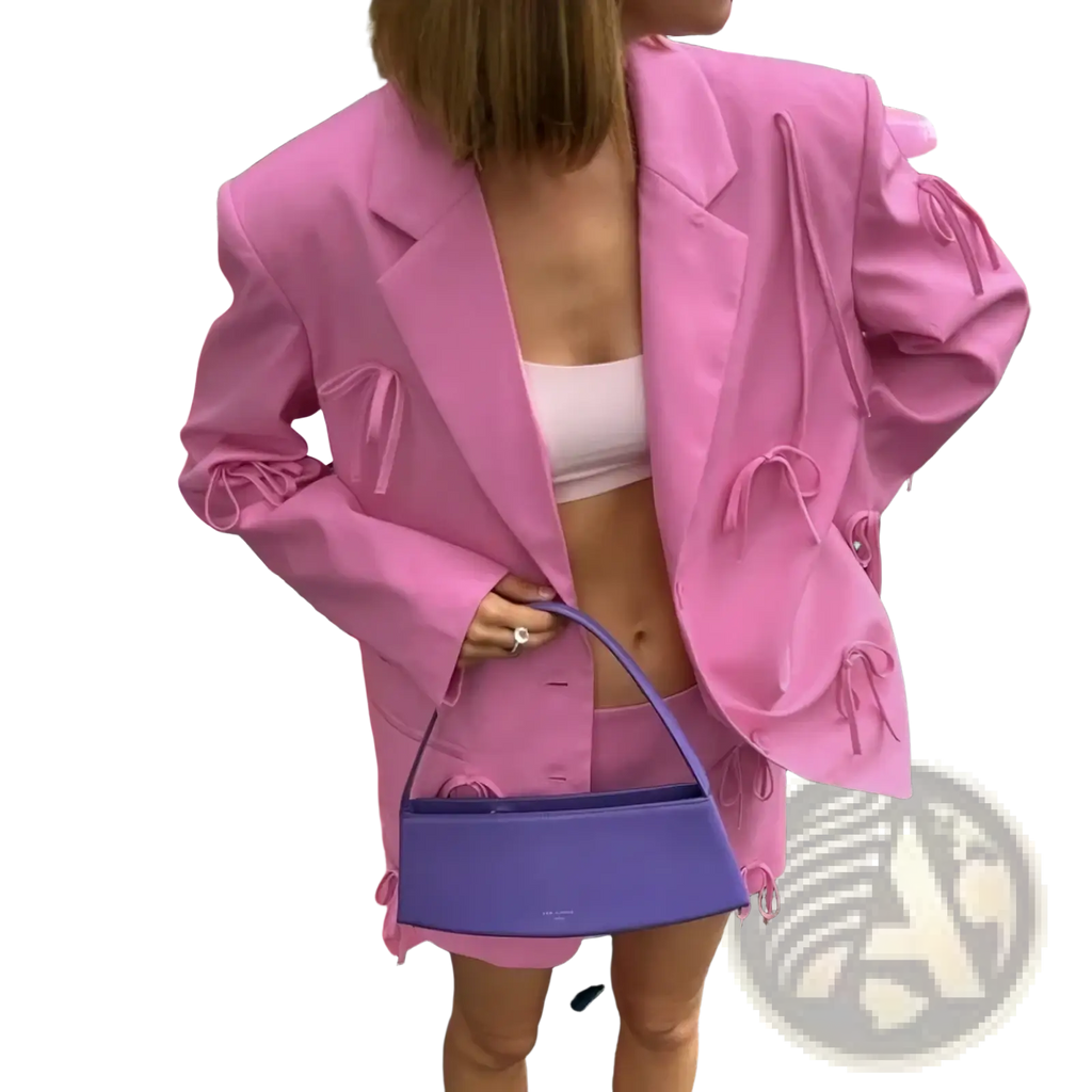 Violet structured mini handbag with single shoulder strap paired with pink bow Y2K blazer jacket product image