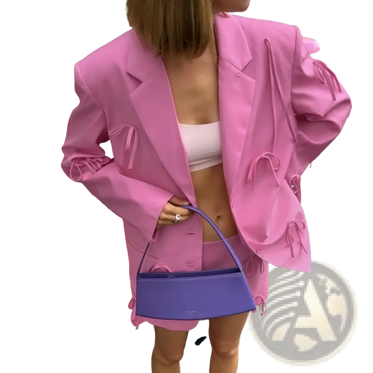 Violet structured mini handbag with single shoulder strap paired with pink bow Y2K blazer jacket product image
