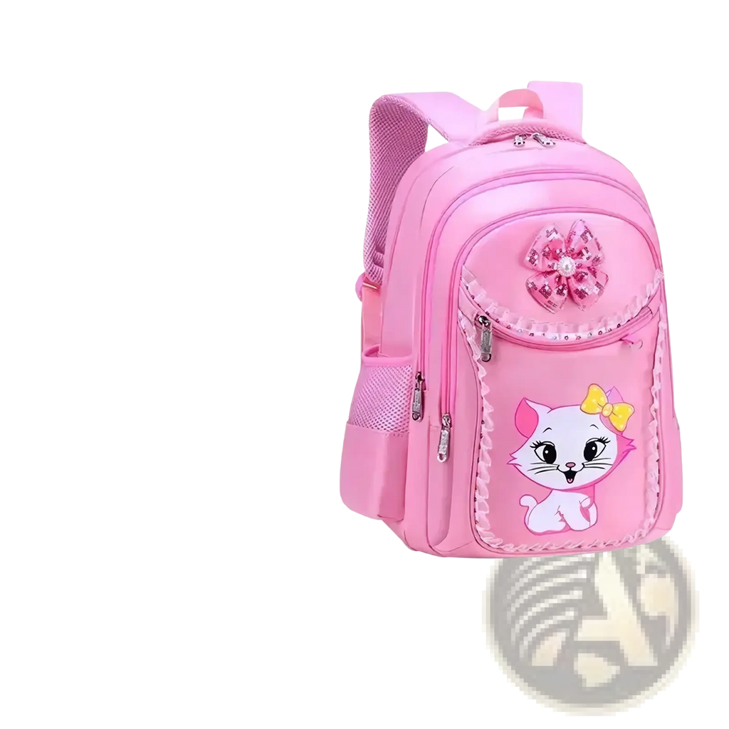 Pink cat school backpack set for girls featuring a pink children’s backpack with cartoon cat design and decorative bow