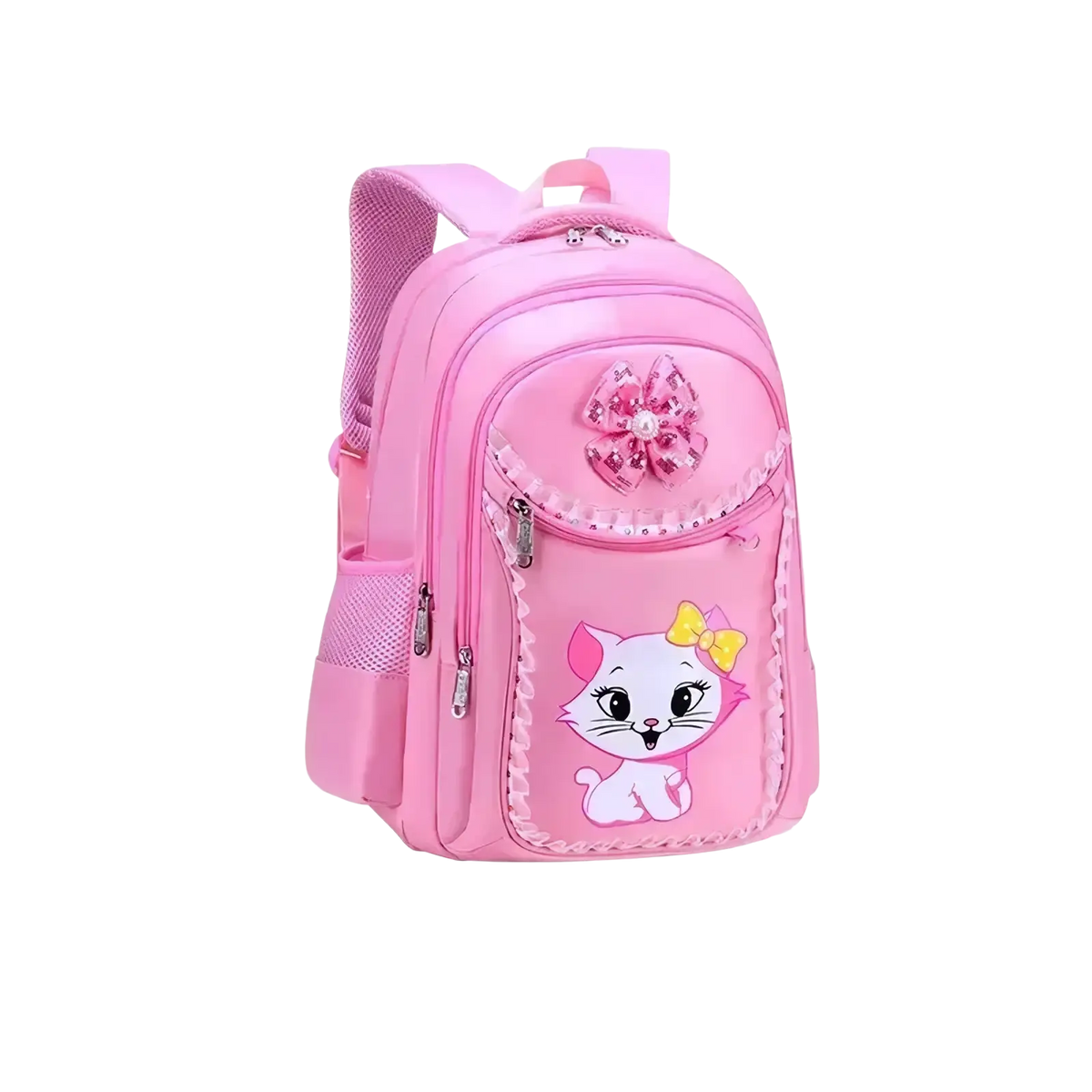 Pink cat school backpack set for girls featuring a cartoon cat design and decorative bow on the front