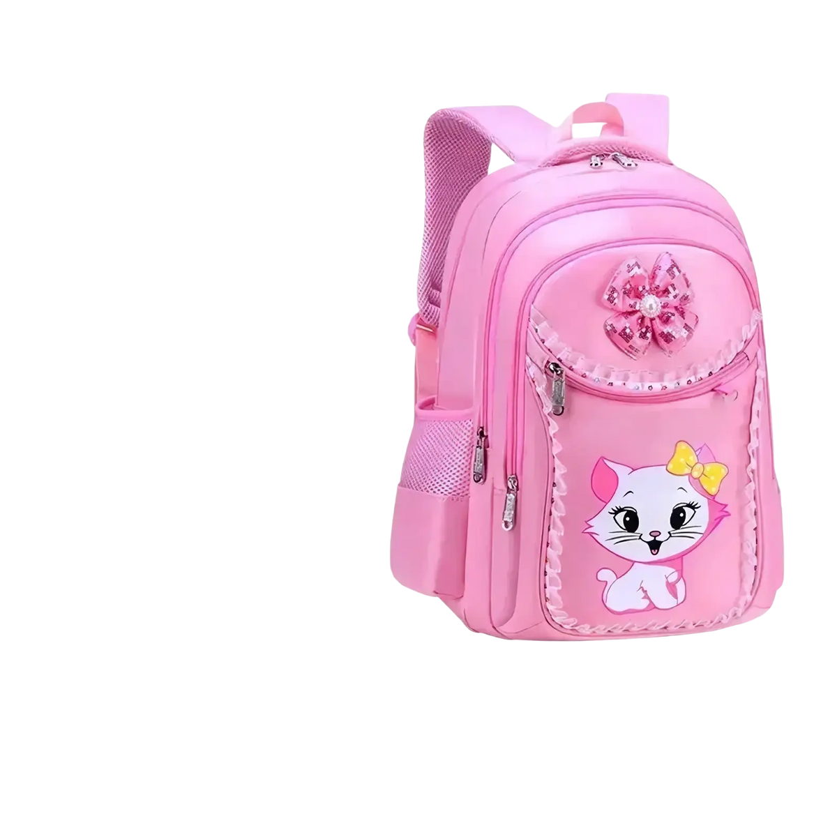 Pink cat school backpack set for girls featuring a pink children’s backpack with cartoon cat design and decorative bow