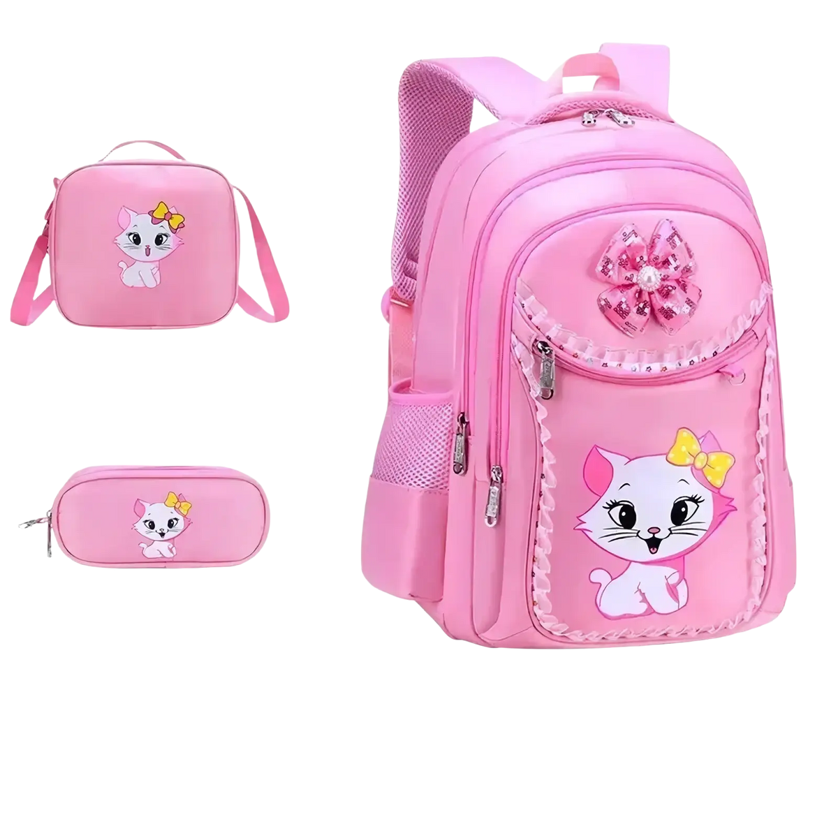 Pink cat school backpack set for girls with cartoon cat design, shiny sequined bow, and pink mesh straps