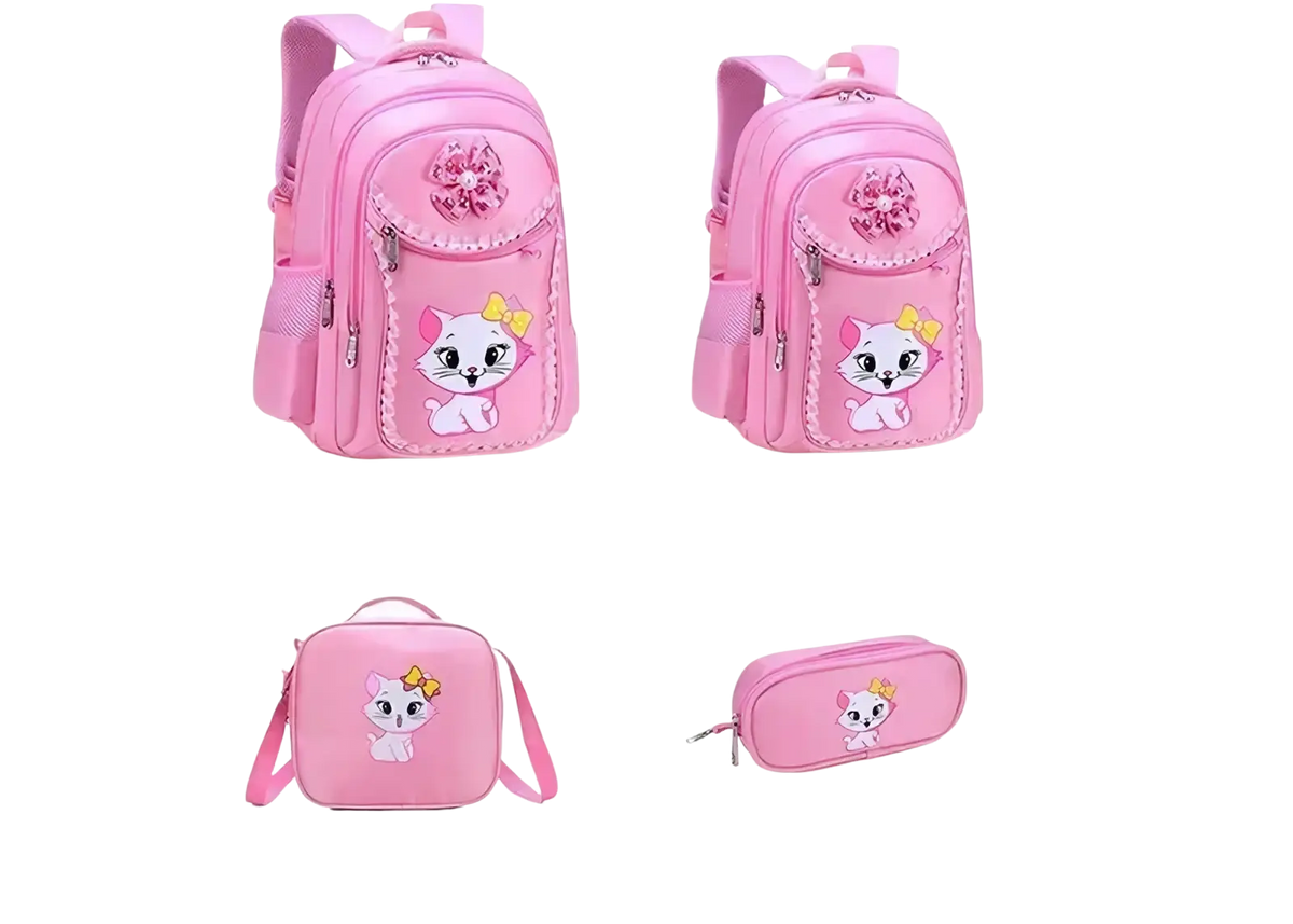 Pink cat school backpack set for girls featuring a pink design with cartoon cat and decorative embellishments