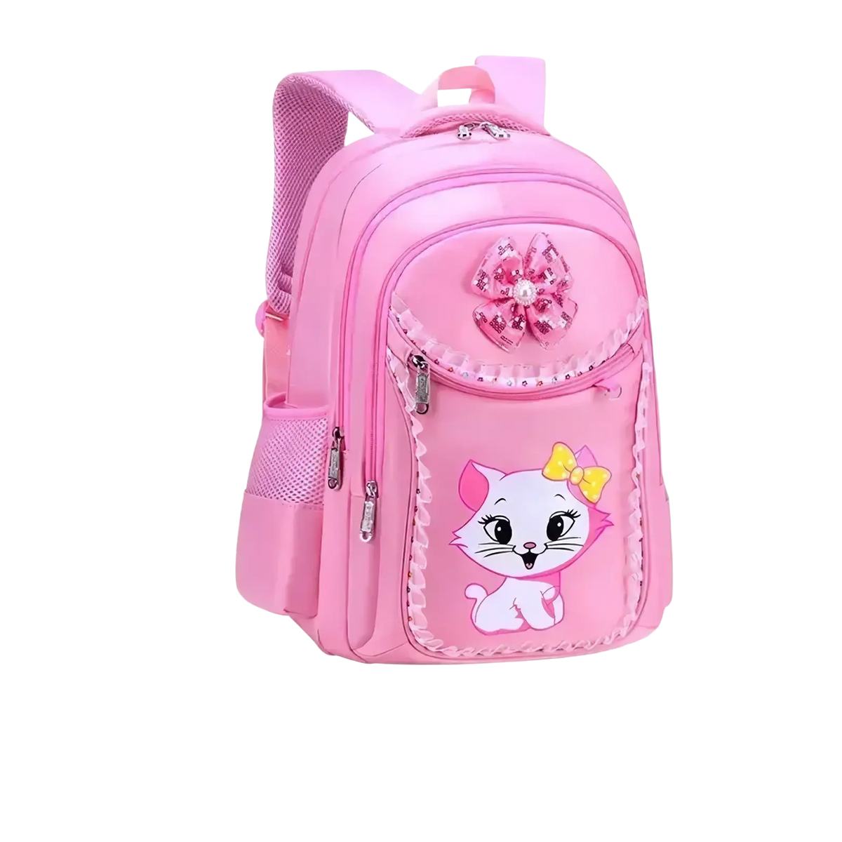 Pink cat school backpack set for girls featuring a lace-trimmed pink backpack with cartoon cat design and sequined bow