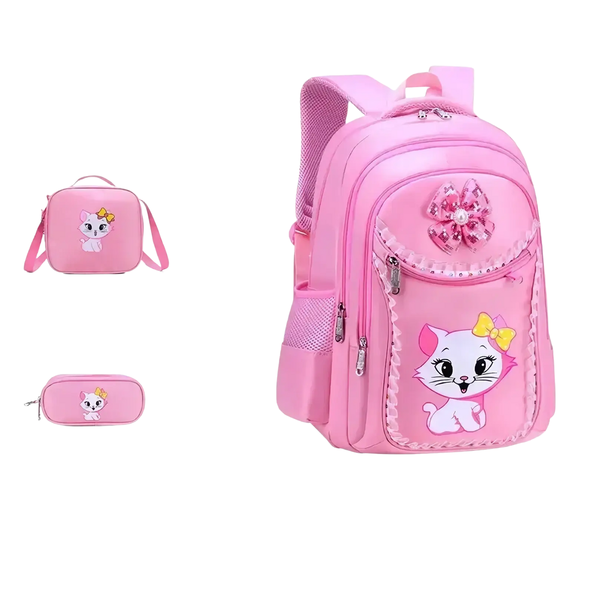 Pink cat school backpack set for girls featuring a cartoon cat design and decorative bow on the front