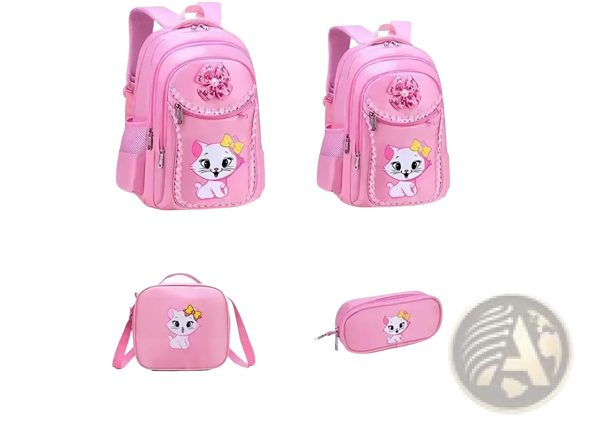 Pink cat school backpack set for girls featuring a pink design with cartoon cat and decorative embellishments