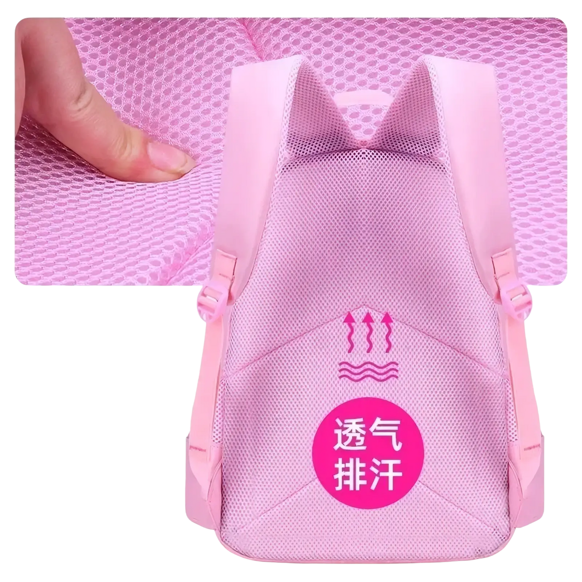 Pink cat school backpack set for girls with breathable pink mesh, perspiration-wicking design, and spinal protection features