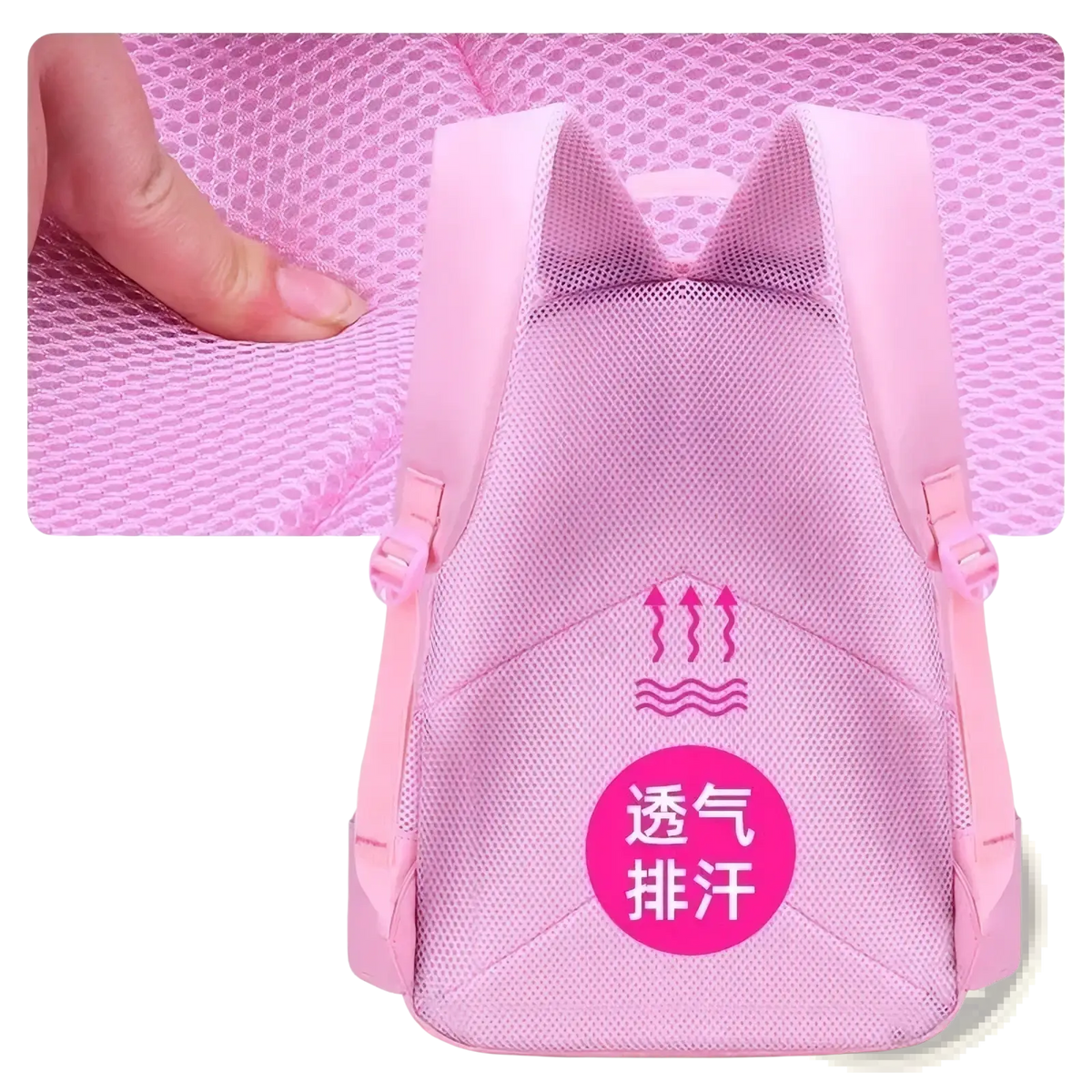 Pink cat school backpack set for girls with breathable pink mesh, perspiration-wicking design, and spinal protection features
