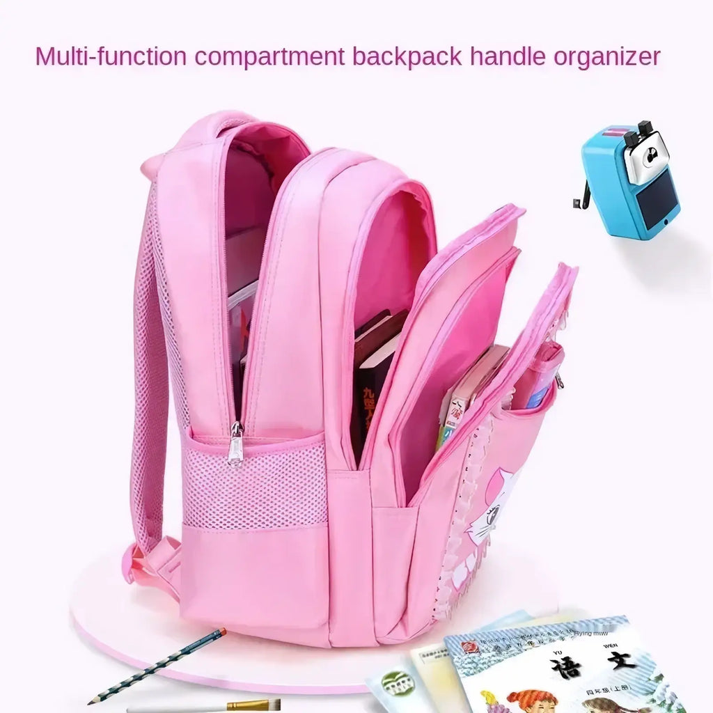 Pink cat school backpack set for girls featuring a multi-compartment design with mesh side pockets and cat face detail