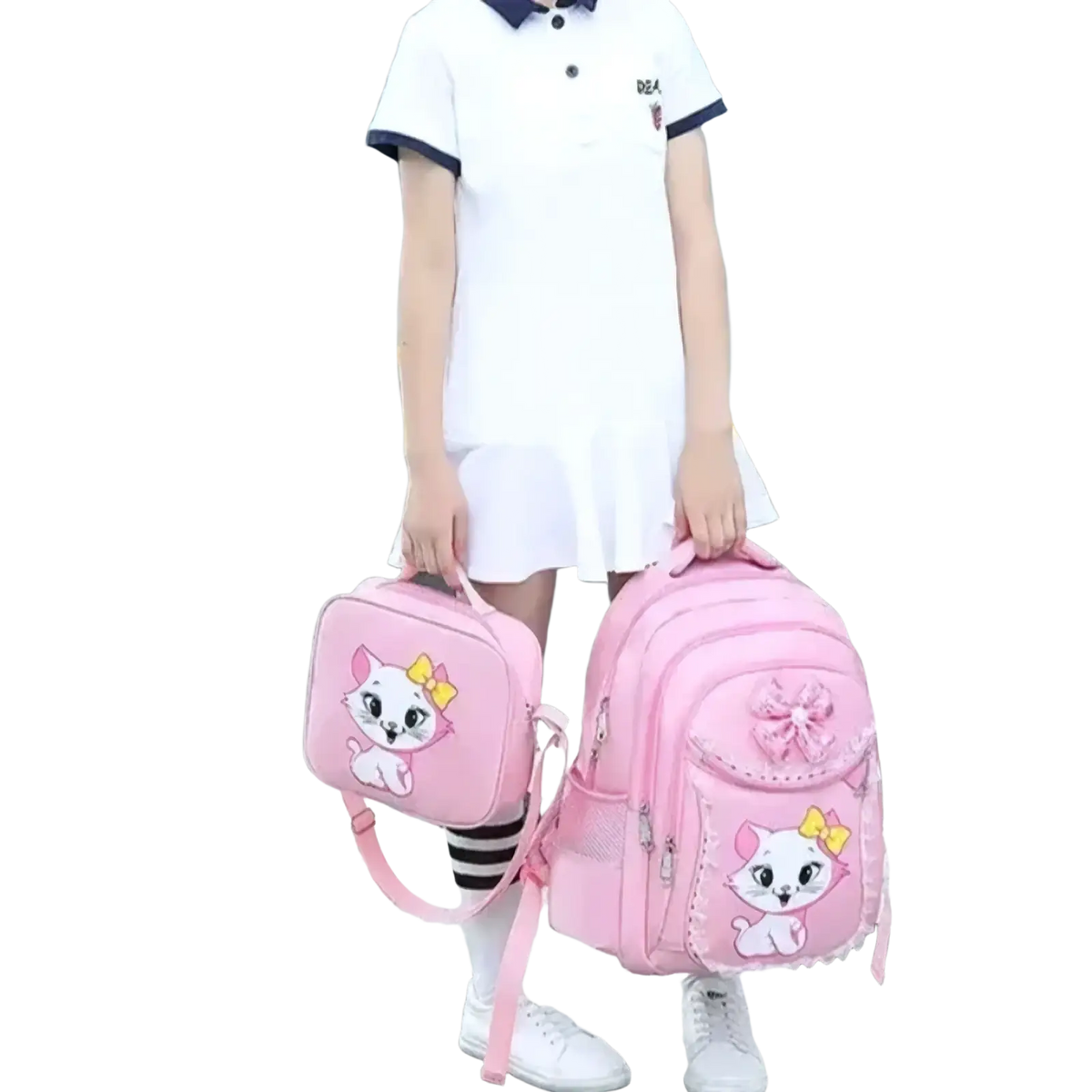 Pink cat school backpack set for girls featuring a pink cat-themed design with a decorative bow and matching lunchbox