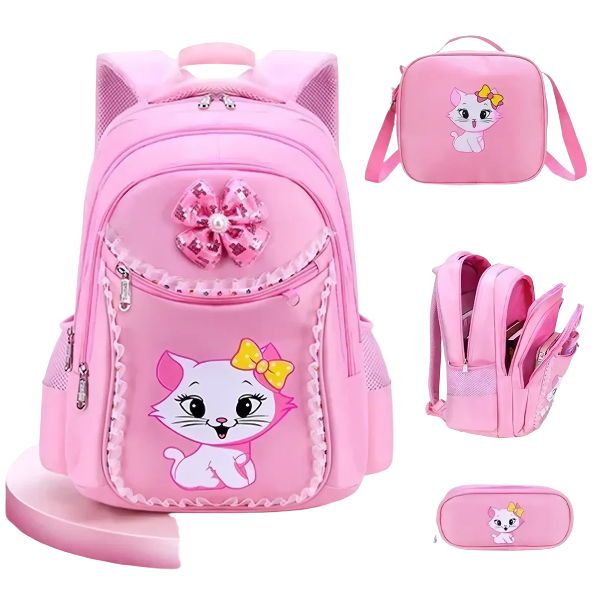 Pink cat school backpack set for girls with decorative bow and lace trim in pink designed for school use