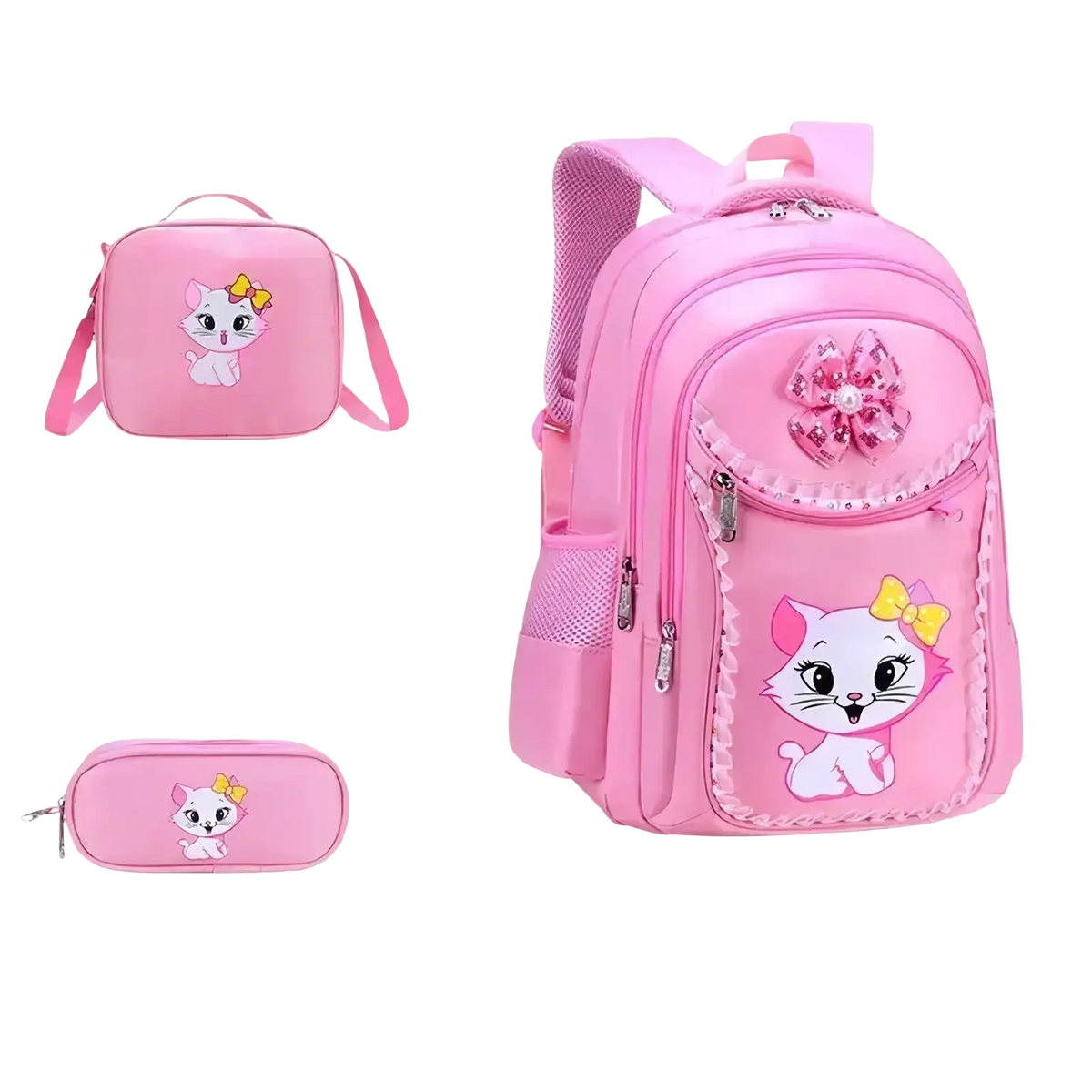 Pink cat school backpack set for girls featuring a pink cat-themed design with sequined bow and lace trim