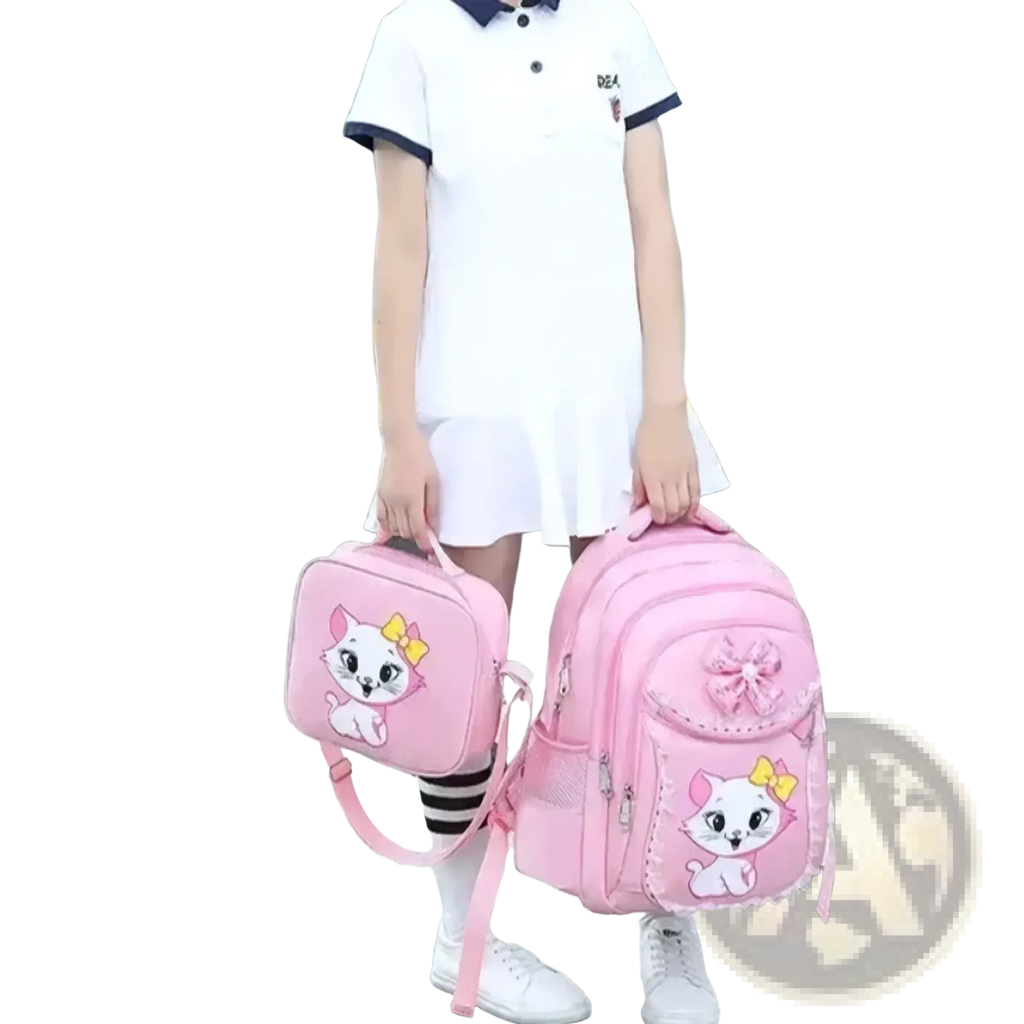 Pink cat school backpack set for girls featuring a pink cat-themed design with a decorative bow and matching lunchbox