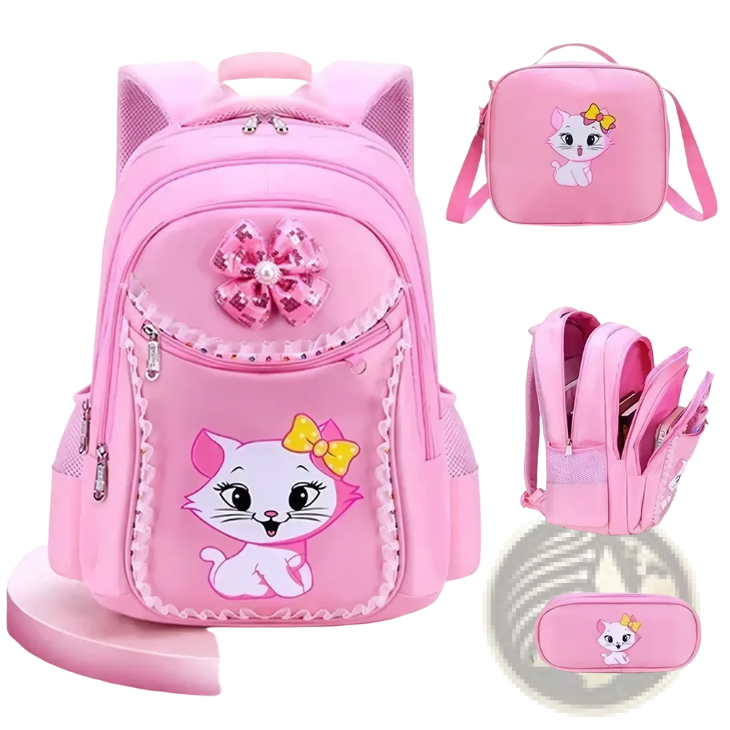 Pink cat school backpack set for girls with decorative bow and lace trim in pink designed for school use