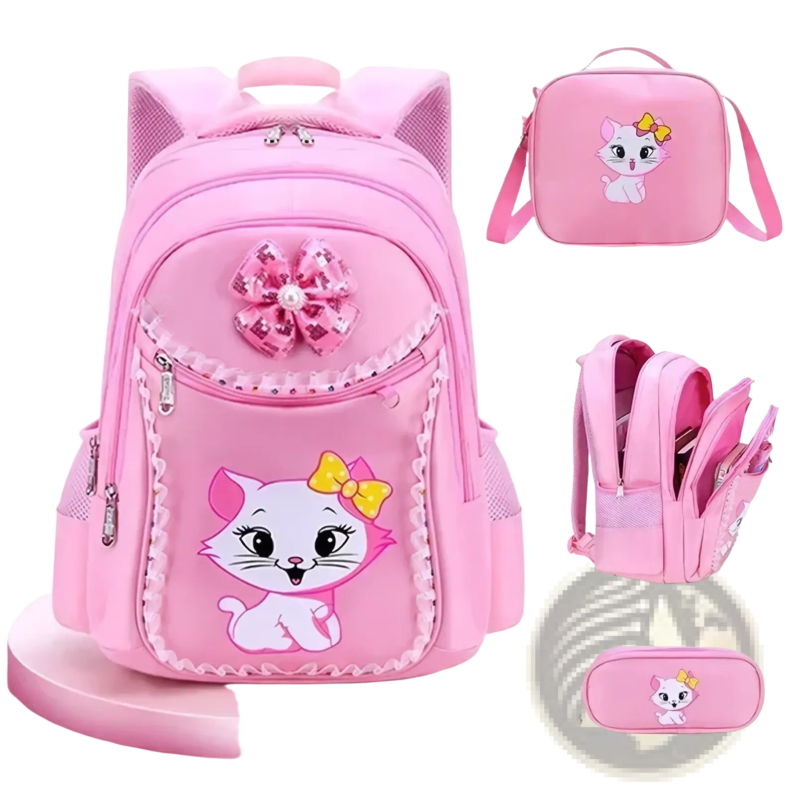Pink cat school backpack set for girls with decorative bow and lace trim in pink designed for school use