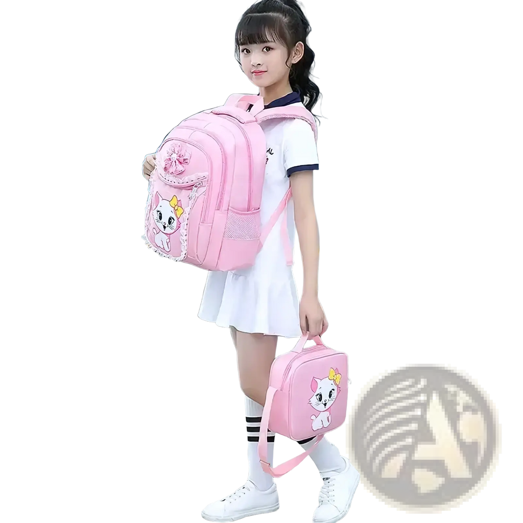 Pink cat school backpack set for girls with lace trim and floral embellishments in a soft pink fabric