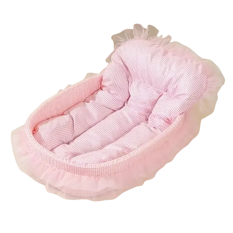 Pink checkered cat sofa bed with ruffled lace trim designed as a baby bassinet for cozy pet comfort