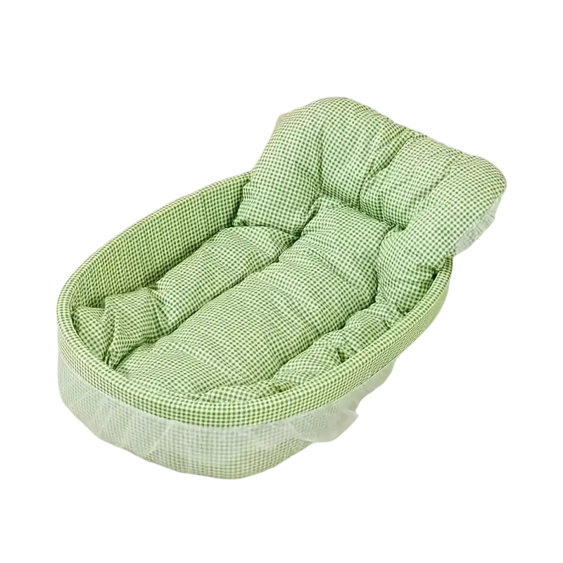 Green and white checkered fabric baby bath seat with soft padded design in pink checkered cat sofa bed with ruffled lace