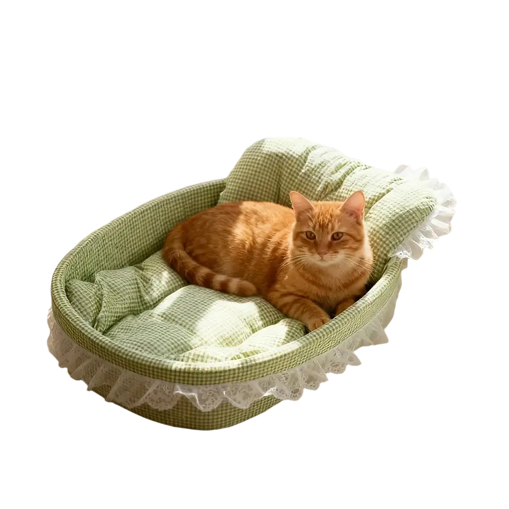 Green and white checkered cat bed with ruffled lace trim designed as a comfortable pet sofa bed