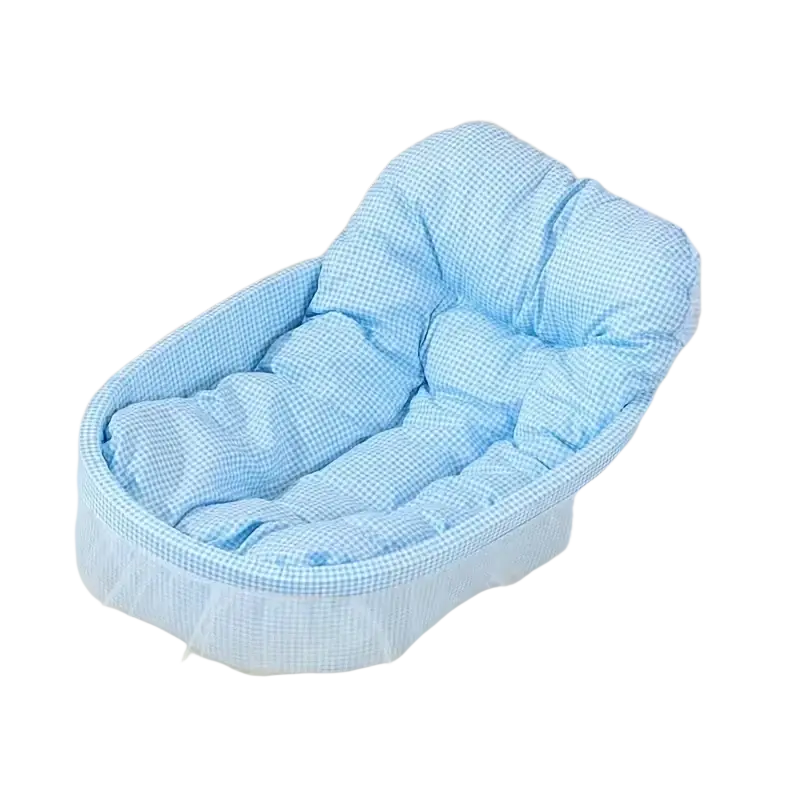 Light blue checkered fabric baby bassinet with ruffled edge matching pink checkered cat sofa bed with lace trim