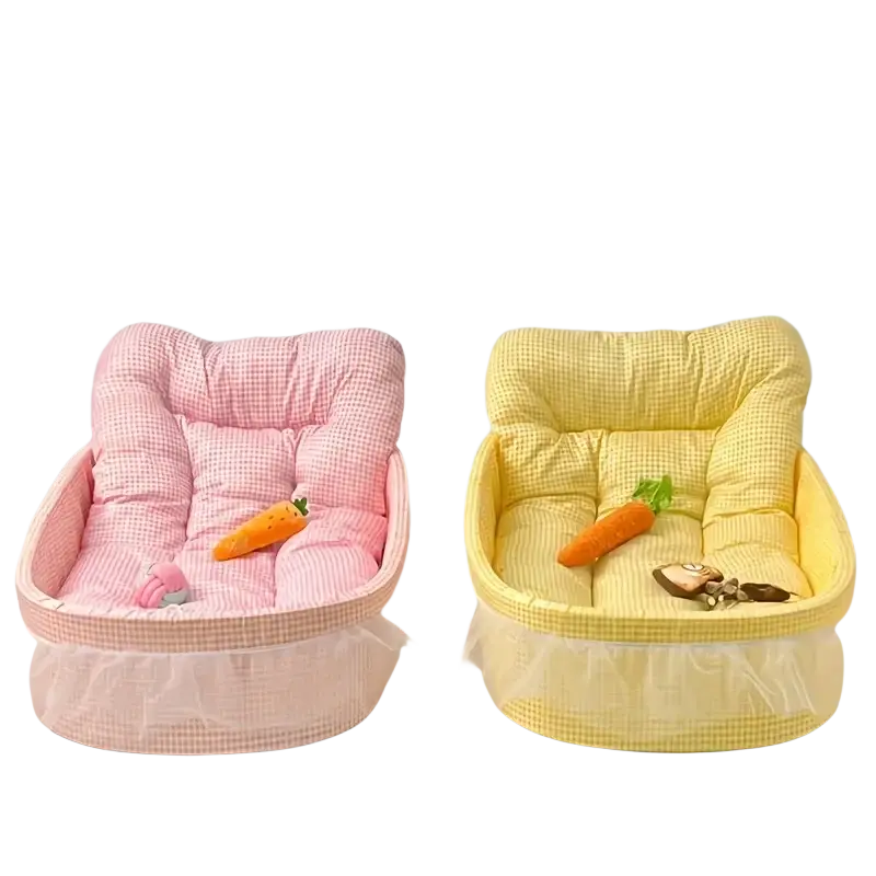 Pink and yellow checkered cat sofa beds with ruffled lace edges designed for pet comfort and style