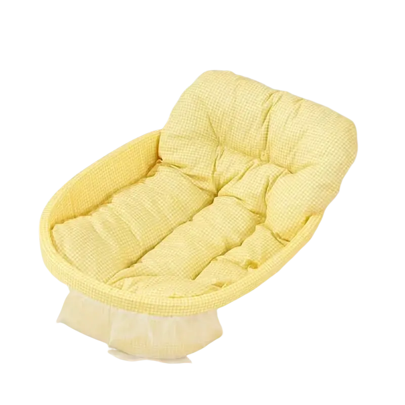 Yellow checkered padded baby bath seat with ruffled white lace trim shown with pink checkered cat sofa bed title