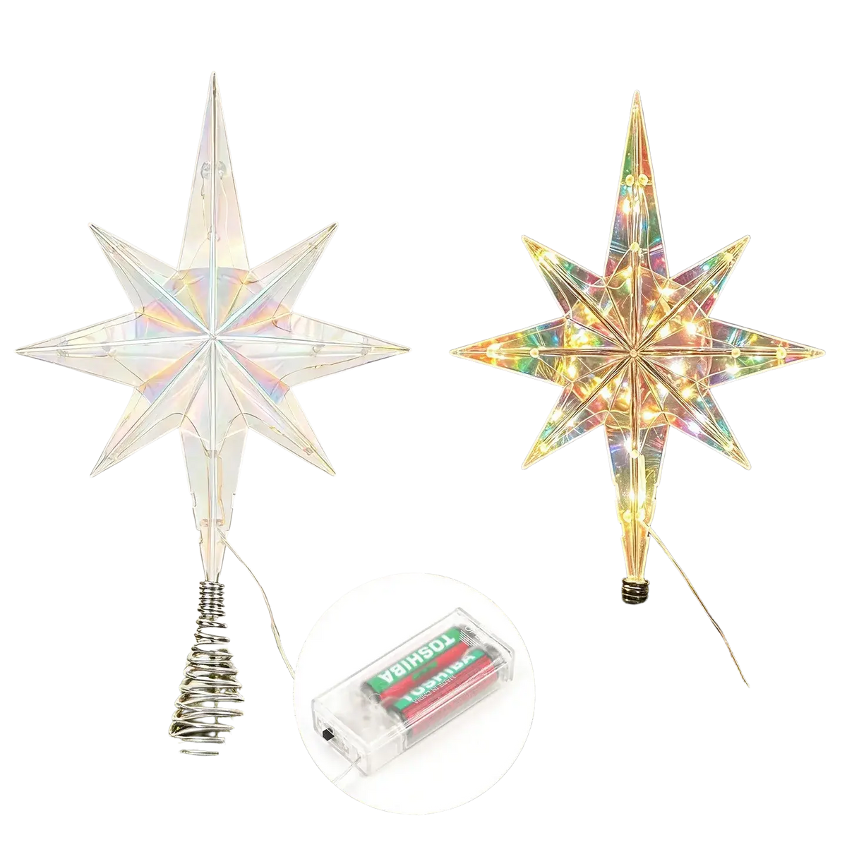 Iridescent pink star-shaped Christmas tree topper with integrated led lights and metal spiral base for tabletop decoration