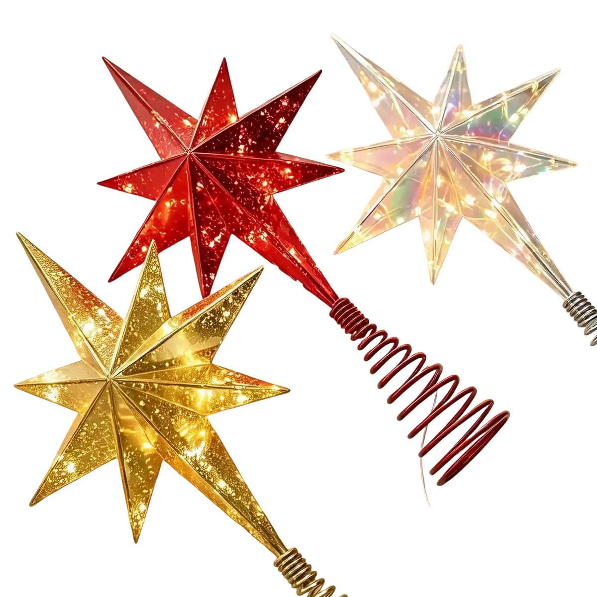 Three illuminated star-shaped christmas tree toppers in red gold and iridescent white with glittery finish and spiral bases
