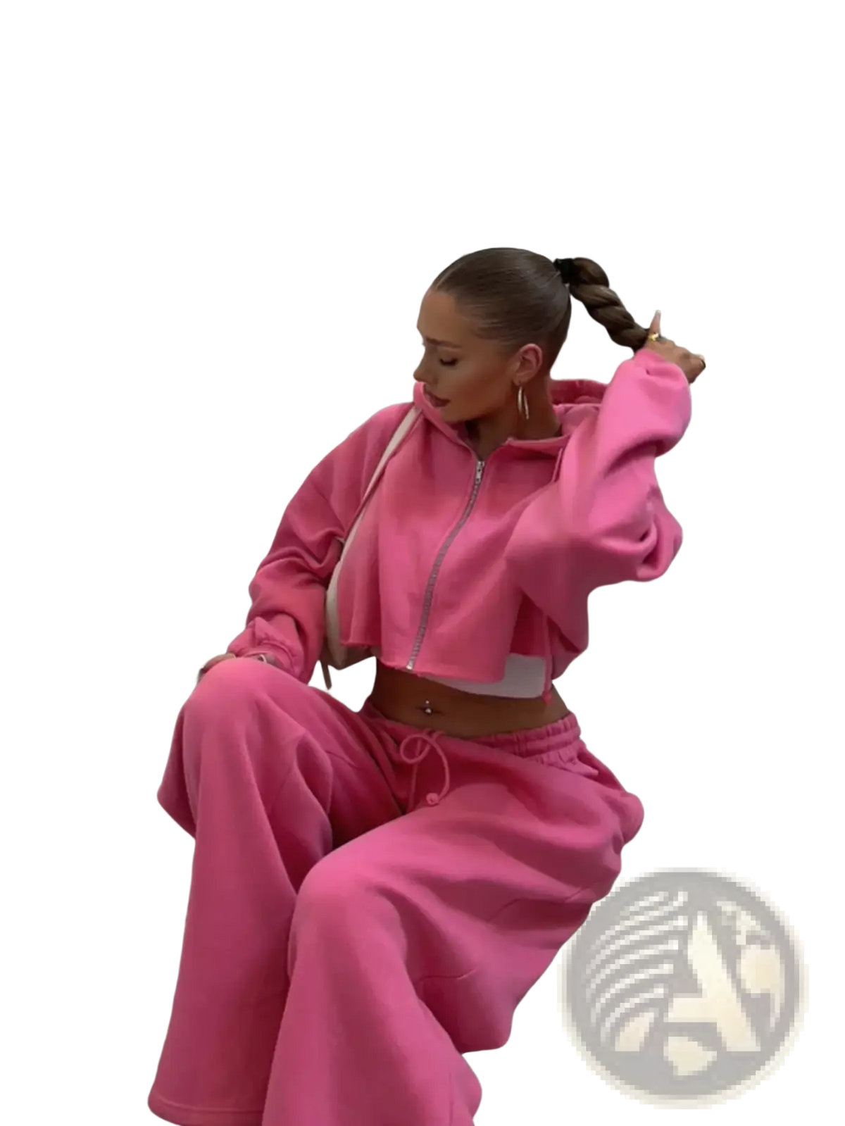 A vibrant pink cropped zip hoodie with silver zipper and matching drawstring pants in a cozy loungewear set
