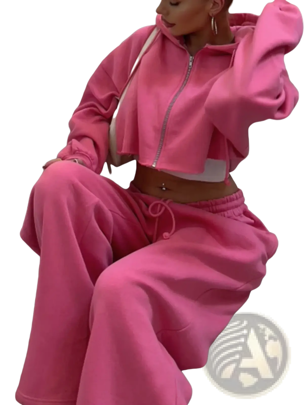 A vibrant pink cropped zip hoodie with silver zipper and matching drawstring pants cozy loungewear set