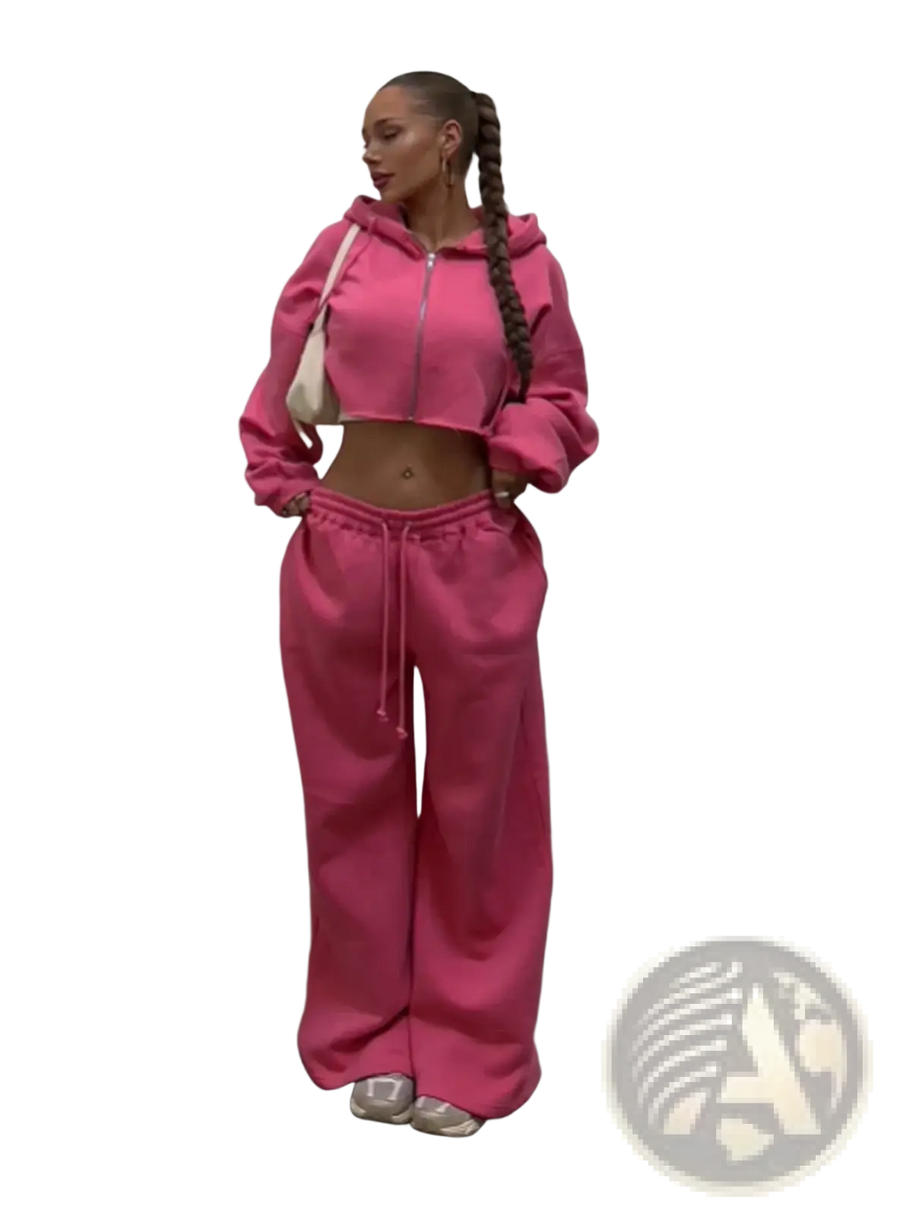 A vibrant pink cropped zip hoodie with drawstring hood paired with matching wide-leg sweatpants tracksuit set