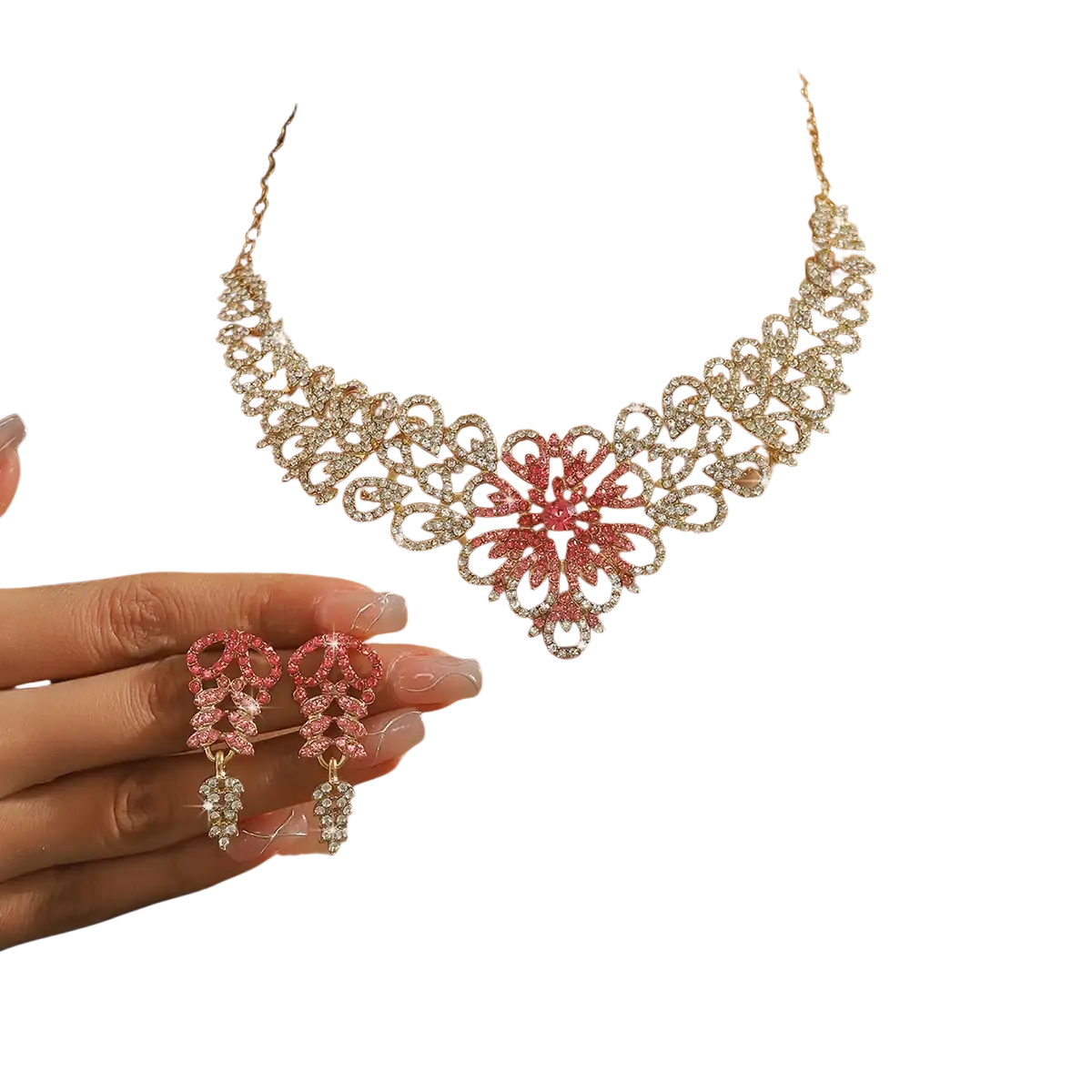 A pink crystal flower jewelry set gold plated with a sparkling gold and pink crystal necklace and matching earrings