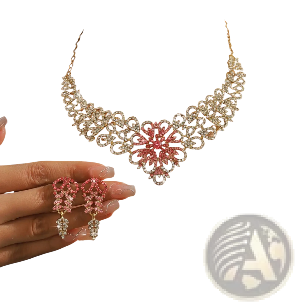A pink crystal flower jewelry set gold plated with a sparkling gold and pink crystal necklace and matching earrings