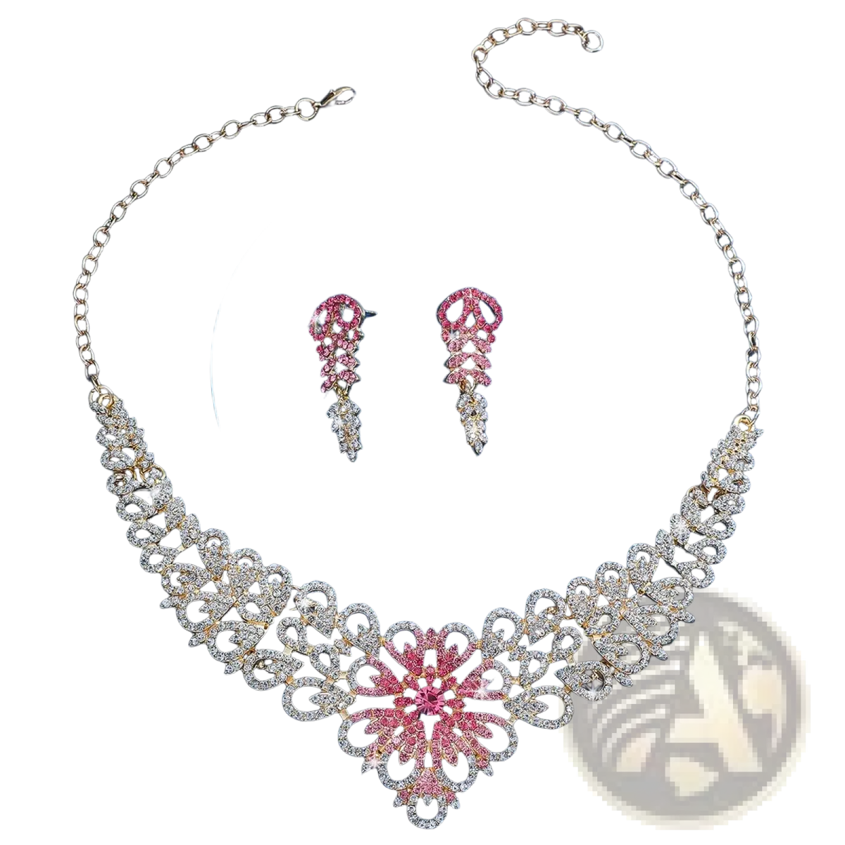 Gold plated pink crystal flower jewelry set with intricate floral necklace and matching skull-shaped dangling earrings