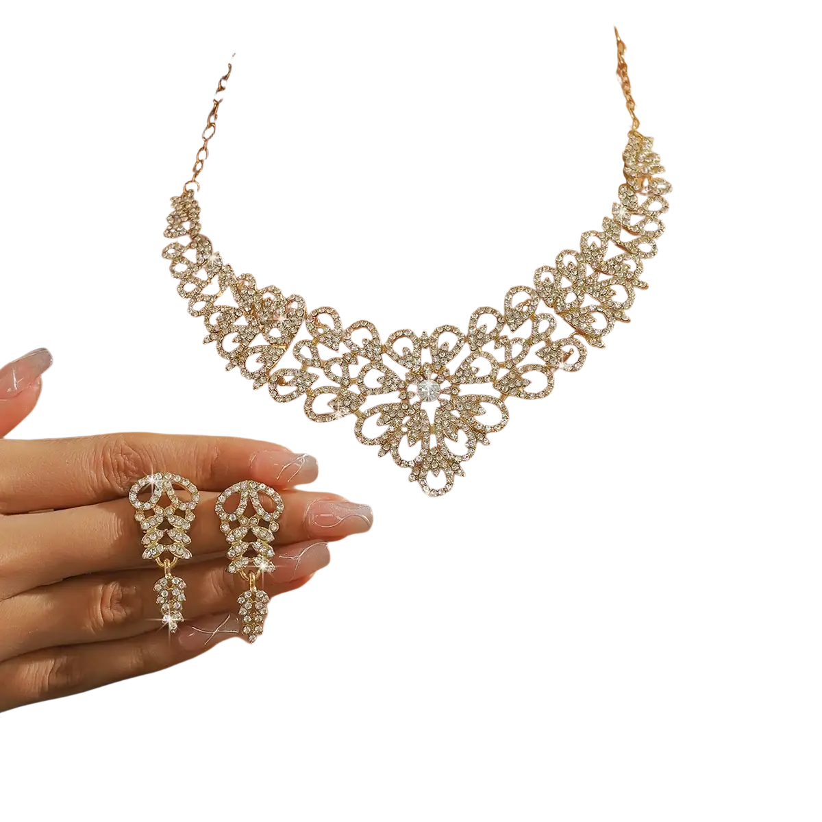 Gold plated pink crystal flower jewelry set with intricate floral design necklace and matching drop earrings with clear crystals