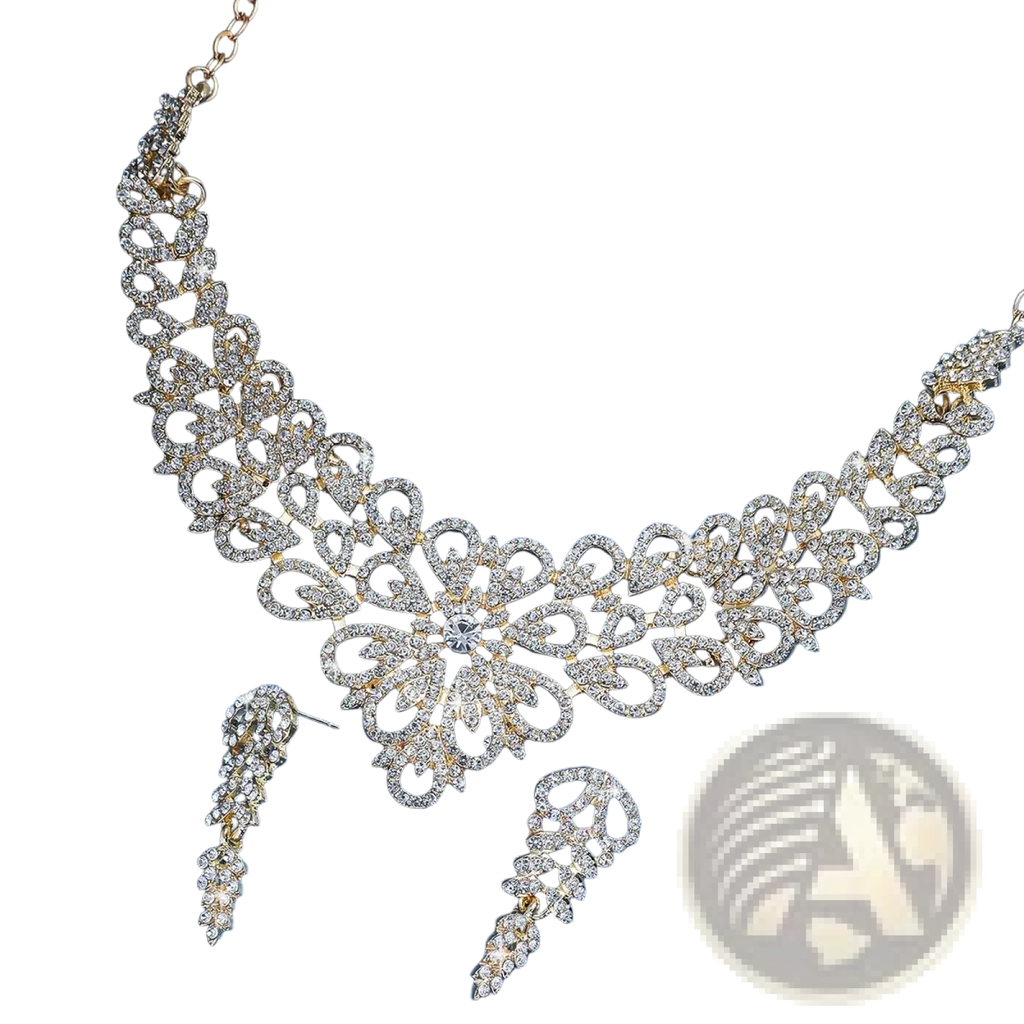 Pink crystal flower gold plated jewelry set featuring a gold toned necklace with floral design and matching drop earrings