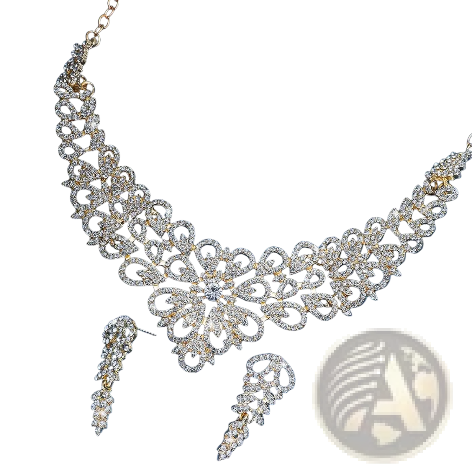 Pink crystal flower gold plated jewelry set featuring a gold toned necklace with floral design and matching drop earrings