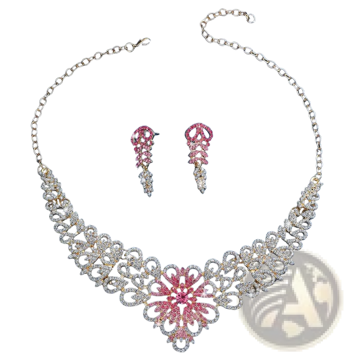 Pink crystal flower jewelry set gold plated with gold toned lace design necklace and matching dangling earrings adorned with crystals