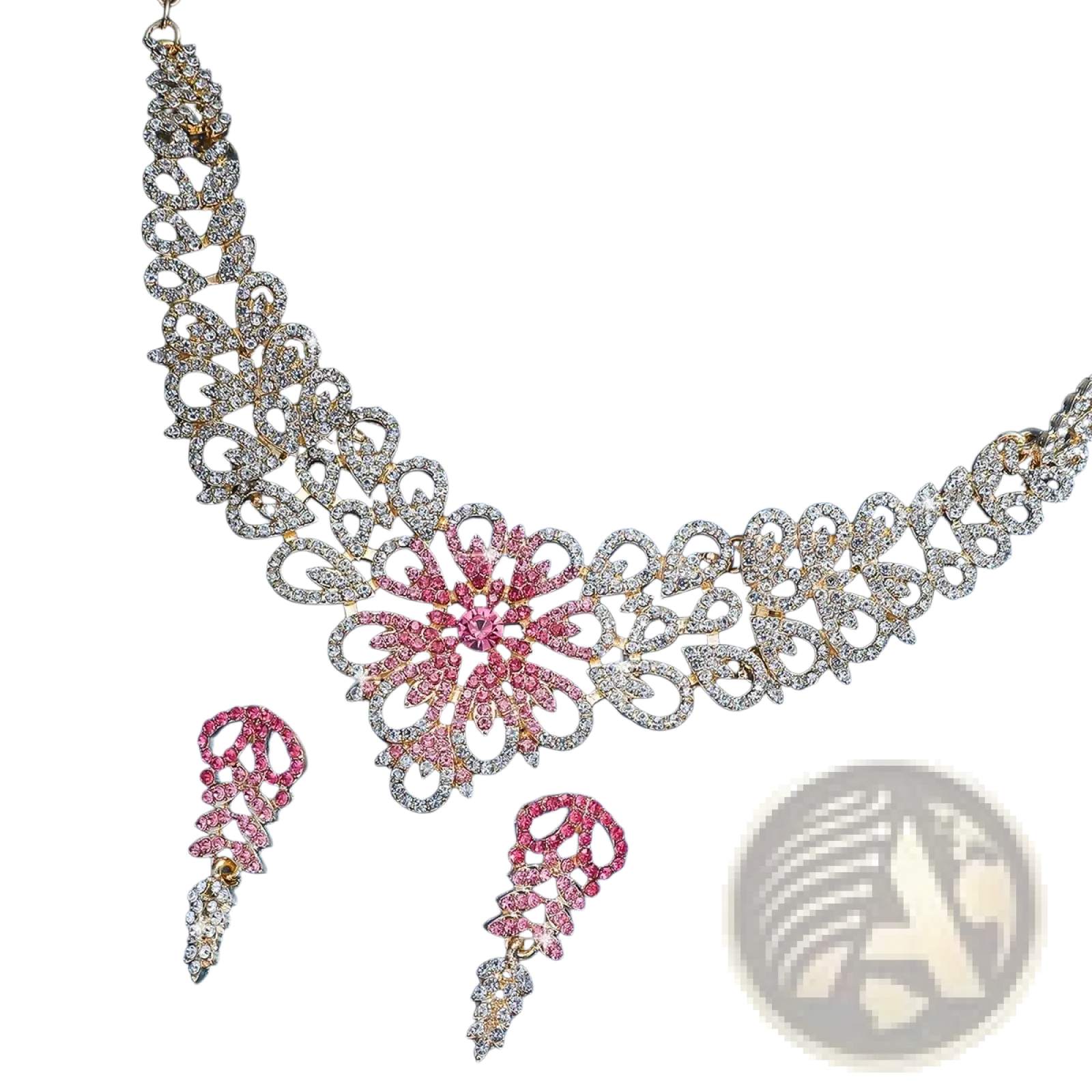A gold plated pink crystal flower jewelry set featuring a sparkling necklace with lace patterns and matching earrings