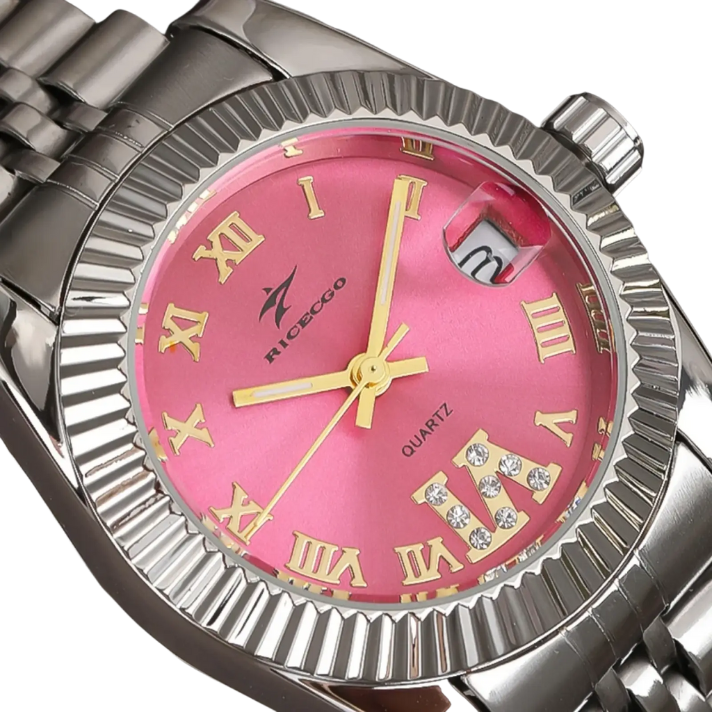 Pink dial stainless steel luxury quartz watch with gold roman numerals diamond accents and silver metal bracelet