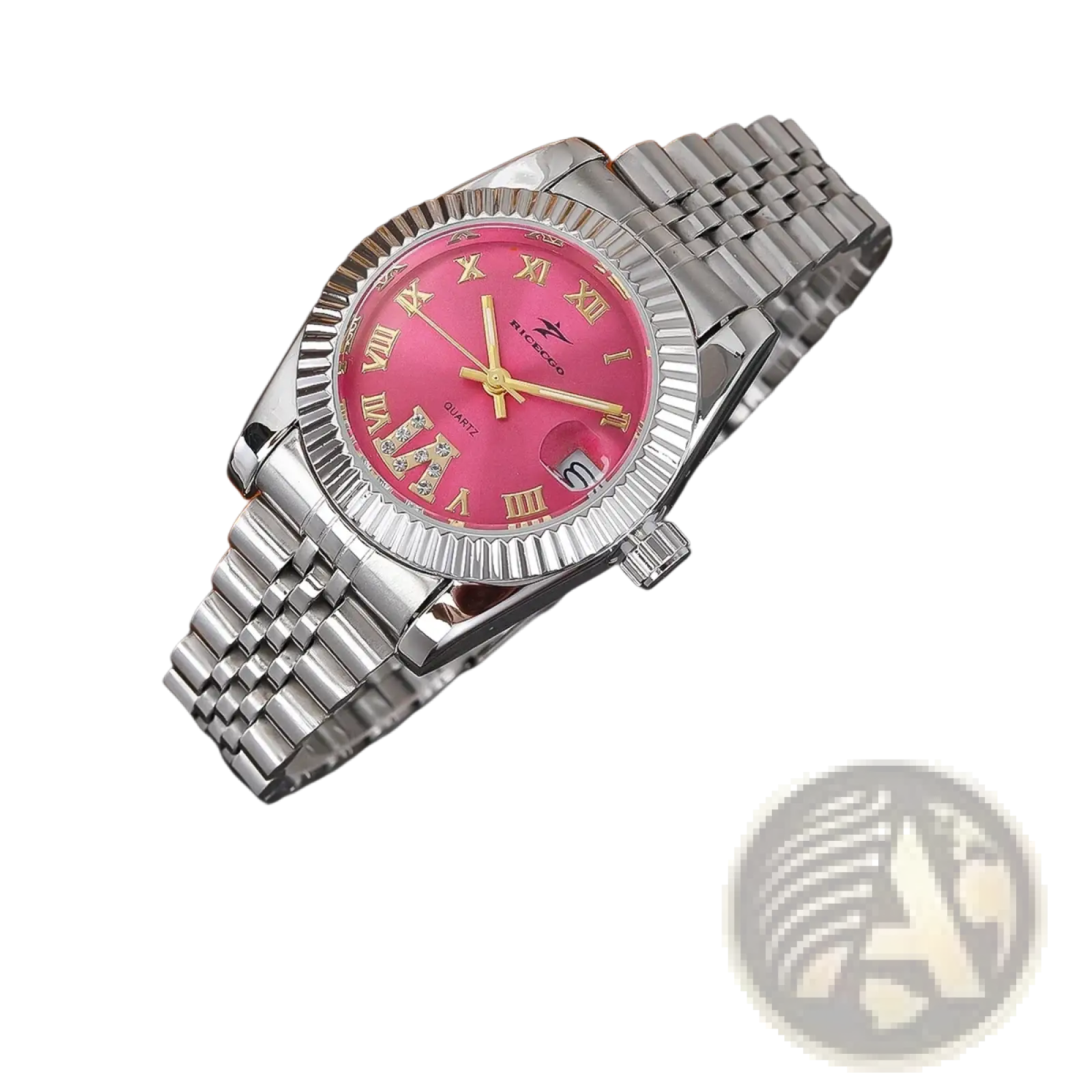 Silver-toned stainless steel luxury quartz watch with vibrant pink dial gold-tone roman numerals hands and fluted bezel